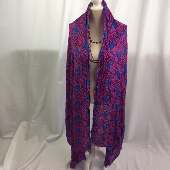 Patterned Wrap Scarf Blue and Pink - Picture 1 of 14
